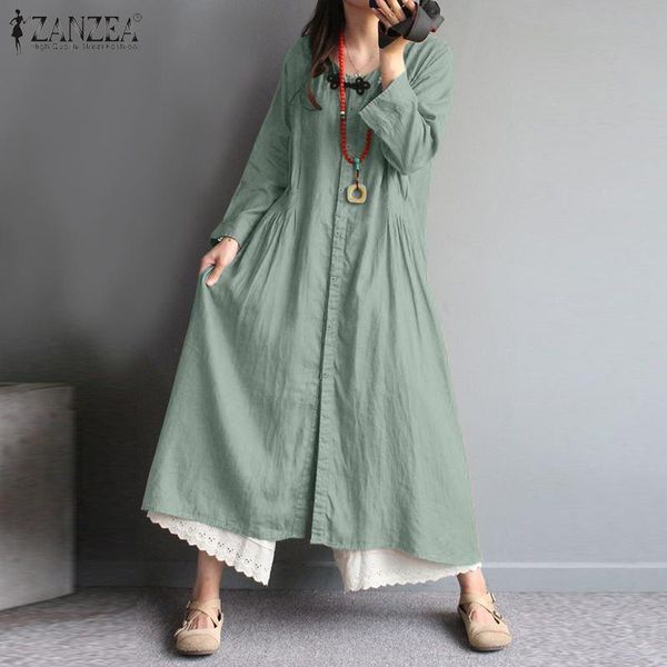 

casual dresses zanzea mid-calf vintage shirt dress spring long sleeve sundress women 2021 female solid robe femme oversized 5xl, Black;gray