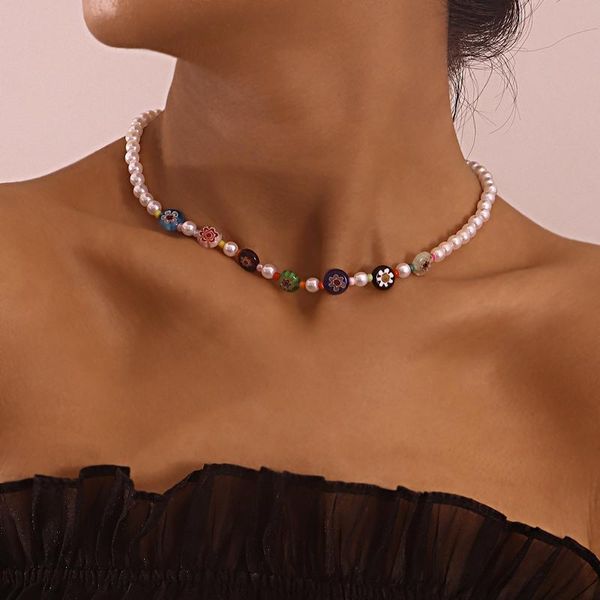 

chokers bohemian ethnic round flower bead pearl choker chain necklace for women gold color collar wedding party fashion jewelry gift, Golden;silver