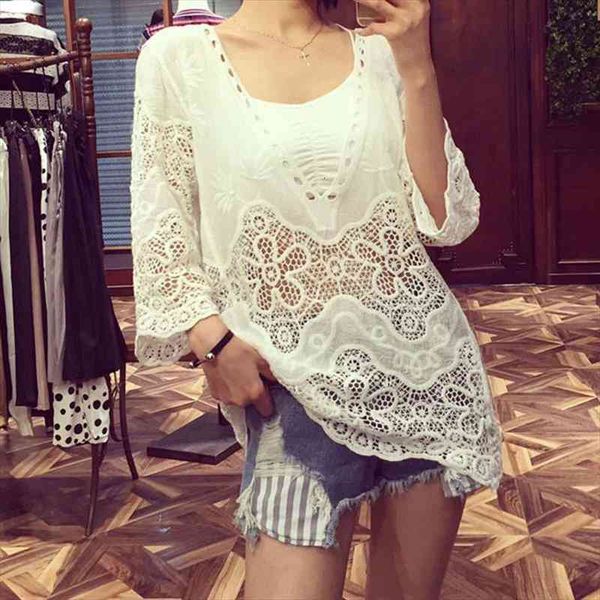 

korean fashion sun protection blusas women shirt camisa mujer lace cotton hollow out spring summer womens, White
