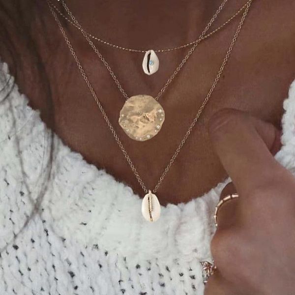 

pendant necklaces fnio boho shell necklace for women long chain round charm statement choker 2021 collares wedding jewelry, Silver