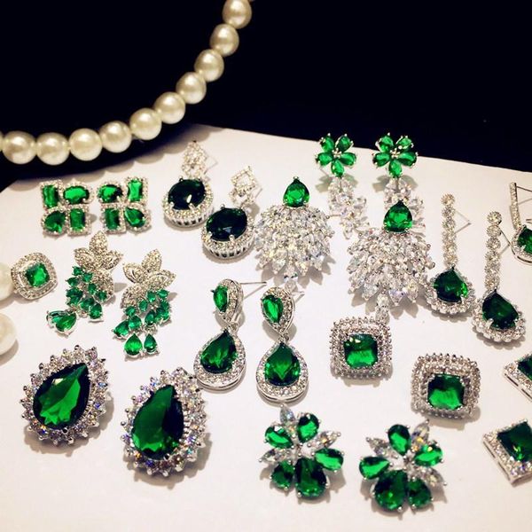 

other drop earrings for women 925 sterling silver emerald vintage cubic zirconia green luxury fine jewelry eardrop accessories, Golden;silver