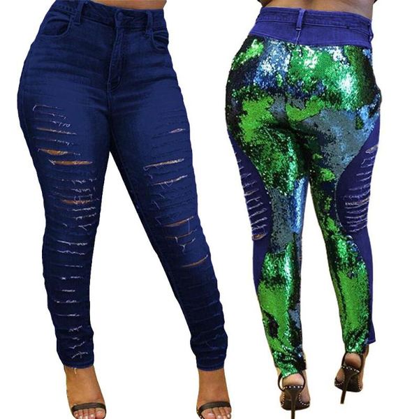 

women's jeans shiny reversible sequins color changing ripped women skinny denim pants, Blue