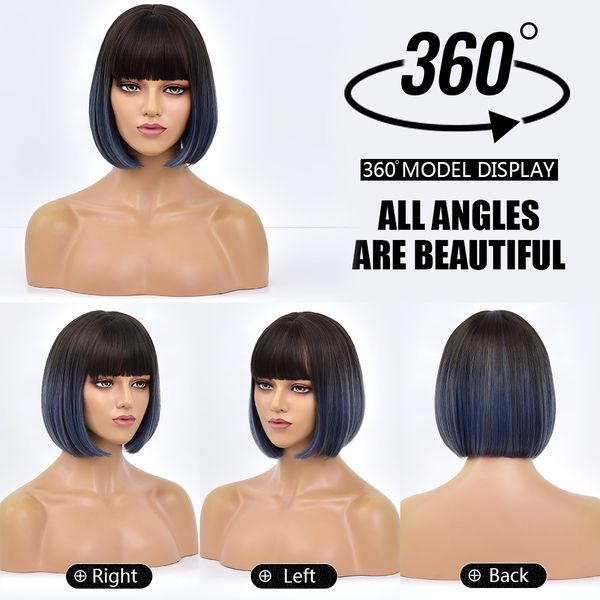 

costume accessories short straight black to blue ombre bob daily synthetic wigs for women with bangs heat resistant fiber cosplay hair bob w, Silver