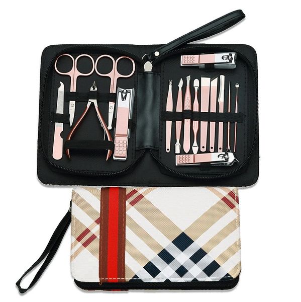 

kifit 16 pcs portable rose gold steel nail clippers splash proof grid texture professional file