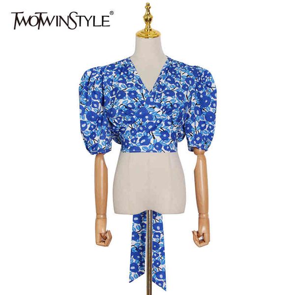 

blue print casual shirt for women v neck puff sleeve lace up bowknot slim blouses female summer fashion 210524, White