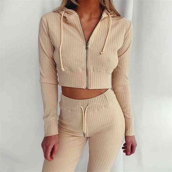 

2 piece set women ribbed sports sets casual hood zipper long sleeve crop +high waist lace up legging ladies workout outfits 210522, White