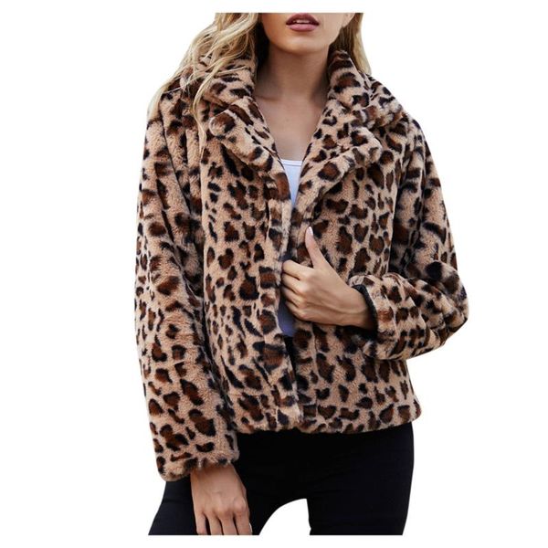 

women's wool & blends women coats and jackets winter warm casual turn-down collar short coat leopard fleece jacket long sleeve, Black