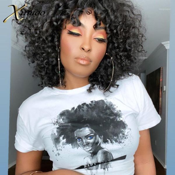 

remy hair wig black full machine made kinky curly human wigs with bangs none lace for women1, Black;brown