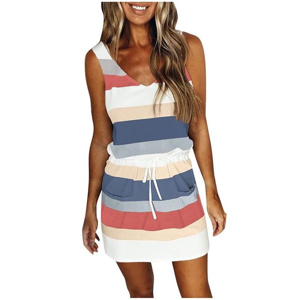 

casual dresses 40# striped printed tank dress v-neck sleeveless drawstring summer 2021 women loose with pocket vestidos, Black;gray