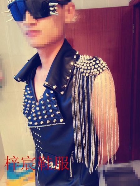 

men's vests band rock drum men and women singer dj show metal rivet tassels vest punk pu leather tank boys male costumes, Black;white