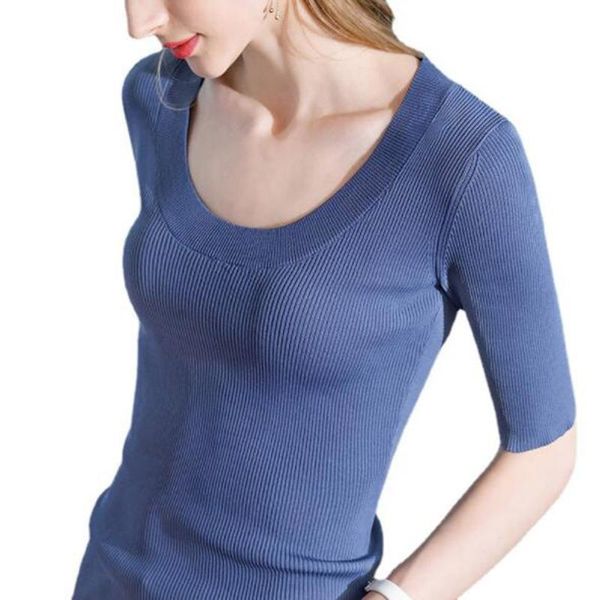 

women's t-shirt cultiseed women u neck solid color half sleeve thin knitted t-shirts female elegant office work slim waist basic tees, White