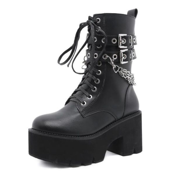 

boots goth demonia platform high chunky heel black buckle punk mid calf pu leather wolfe winter women plus size 43 ymb831
