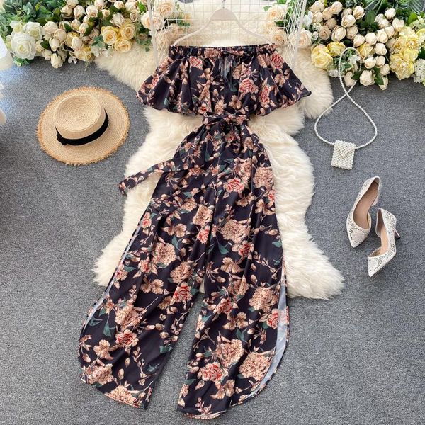 

women irregular print jumpsuits summer slash neck split ruffles sleeve rompers off shoulder boho floral women's &, Black;white
