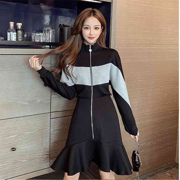 

spring autumn women's dress korean style zipper stitching contrast color fishtail loose waist short es qx925 210507, Black;gray