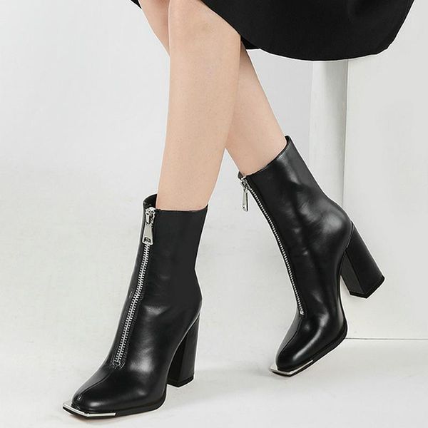 

boots 2021 autumn winter women ankle fashion square toe thick high heel short zipper dress women's shoes black beige