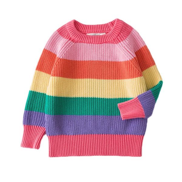 Nova Primavera Camisola Crianças Rainbow Listrado Meninas De Malha Suéteres Bebé Bebé Quente Lã Tops Para Crianças Roupas 210413