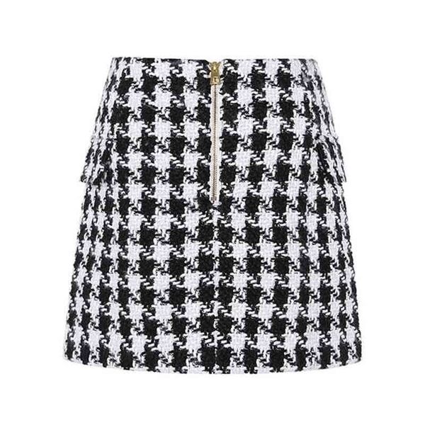 

fashion trend of women's lion buttons double breasted t wool houndstooth mini skirt elegant plaid a line short skirts 210721, Black