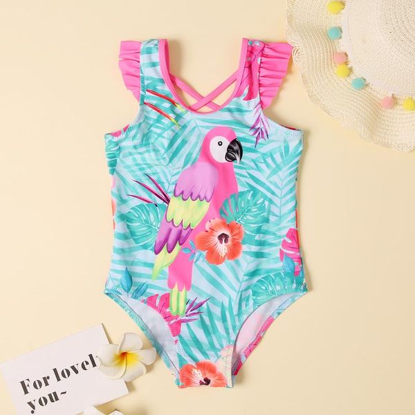 

summer kids girls cartoon parrot print one-piece swimsuit toddler stylish bathing suit for children holiday vacation wear one-pieces, Black