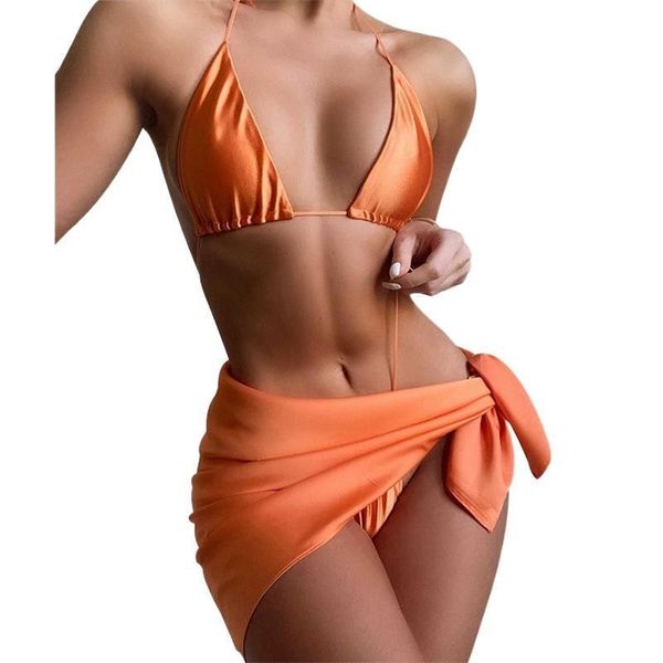 Katı Renk Bikini Setleri Kadınlar Seksi Üçgen Kupası Yüksek Bel Mayo Bandaj Sarong Halter Mayo Kadın LR1213 210531