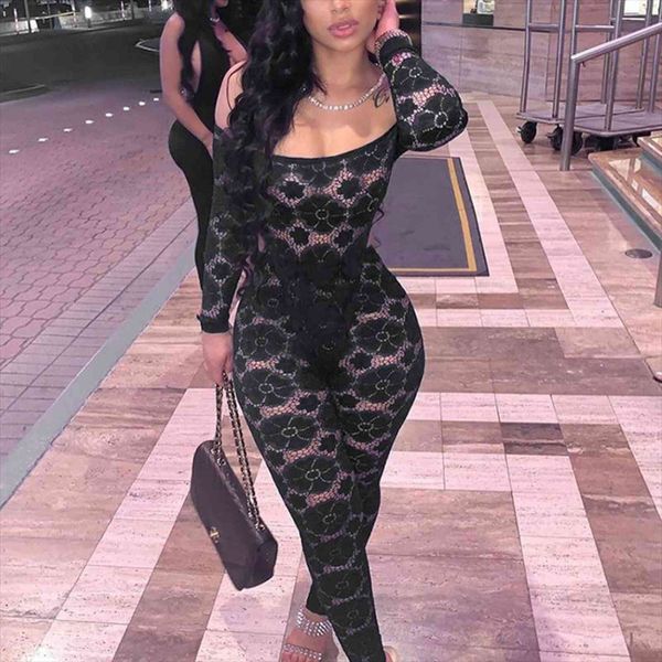 

fashion streetwear outfits lace two womens pants piece sets one shoulder full sleeve skinny bodysuit long see through lady, White