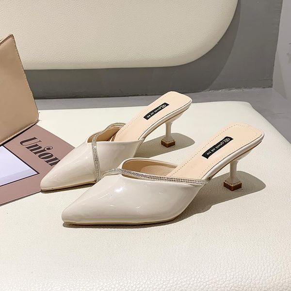 

slippers 2021 spring shoes woman pointed toe mules high heels pumps patent leather ladies slides party footwear jj37, Black