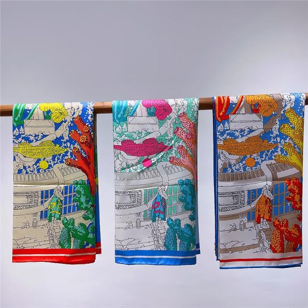 

scarves square silk twill scarf hand rolled designer foulard print 90cm edges, Blue;gray