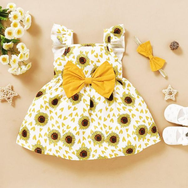 

girl's dresses toddler baby girly sleeve dress sunflower floral print princess dress+headbands summer vestidos de verano clothes, Red;yellow