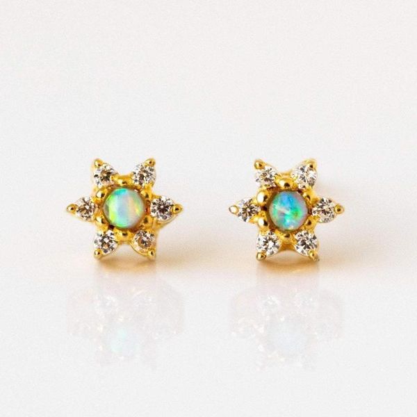 

lovely tiny cz flower stud earring for girl women gift paved white fire opal gem delicate dainty ear, Golden;silver
