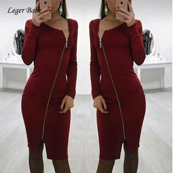 

casual dresses leger babe autumn style women wine red long sleeve front zipper split knee-length bandage dress evening party noble, Black;gray