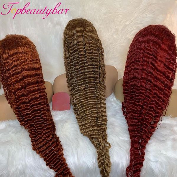 

lace wigs brazilian deep wave frontal wig 180% burgundy/brown/ginger 13x4 front ombre blonde human hair, Black;brown