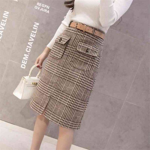 

women with belt sashes retro classic tweed plaid skirt ladies side-split hips-wrapped wool skirt bodycon slim work office 210421, Black