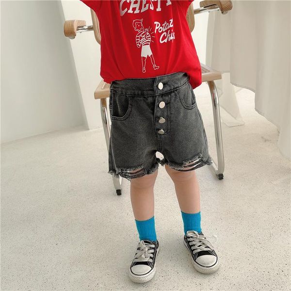 

kids stretch ripped buttons shorts baby trousers pants arrival korea girls summer high waist holes short denim jeans, Black
