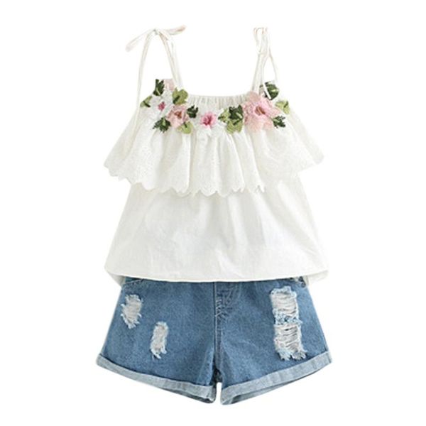 

clothing sets 2pcs toddler kids baby girl clothes embroidery flower t-shirt +denim shorts jeans set girls boutique outfits 2-7y, White