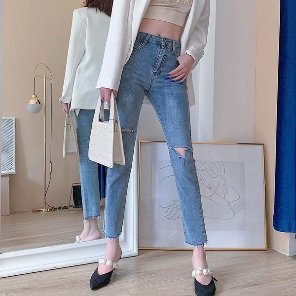 

women's jeans 2021 women summer denim casual trousers straight ripped tassel hole pockets pants cf037, Blue