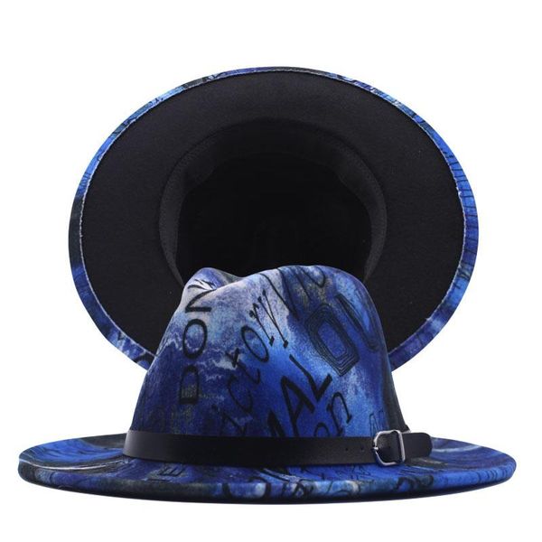 

wide brim hats 2021 jazz hat wool flat brimmed large letter tie-dye fedora for women's wedding, Blue;gray