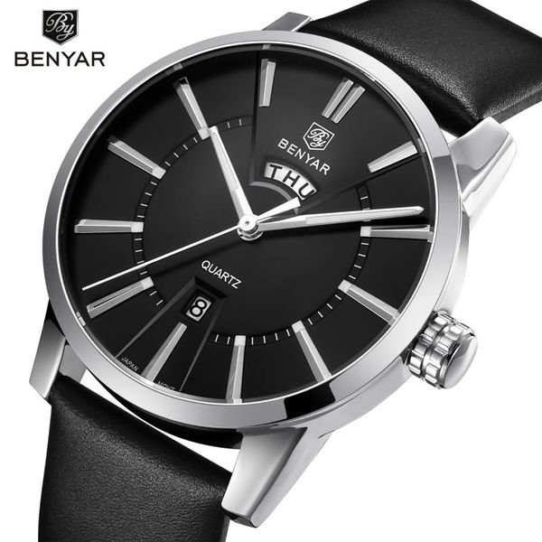 

wristwatches benyar watch for men fashion business quartz watches male leather wristwatch waterproof military clock, Slivery;brown