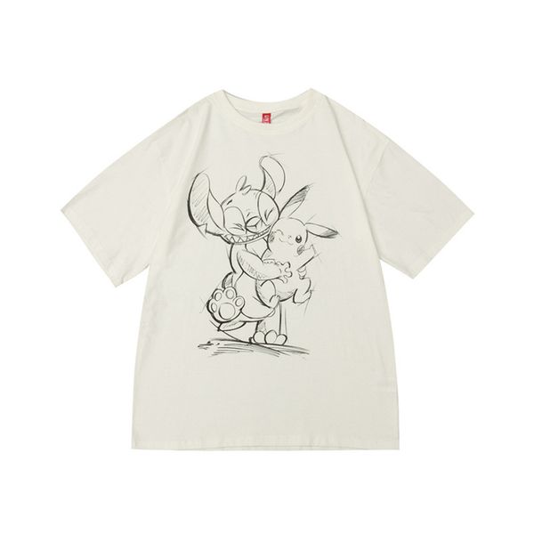 

2021 new summer cartoon print crew neck t-shirt men's personality loose shoulder half sleeve t-shirt, White;black