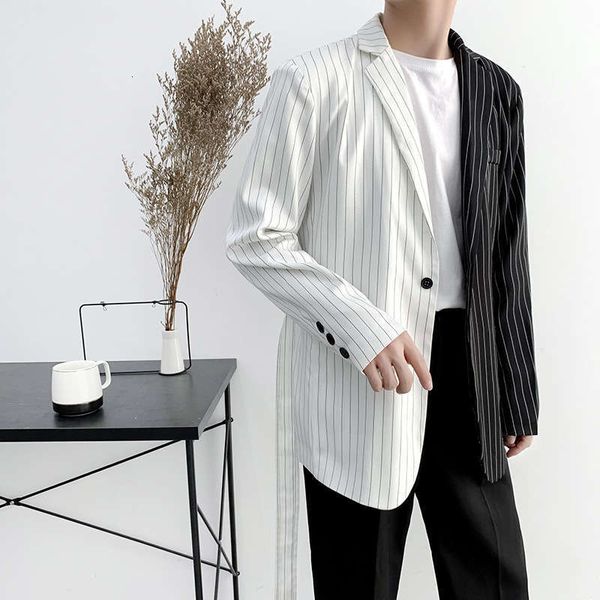 

& men's suits blazers black and white contrast casual temperament splicing slim suit nightclub coat stripe, White;black