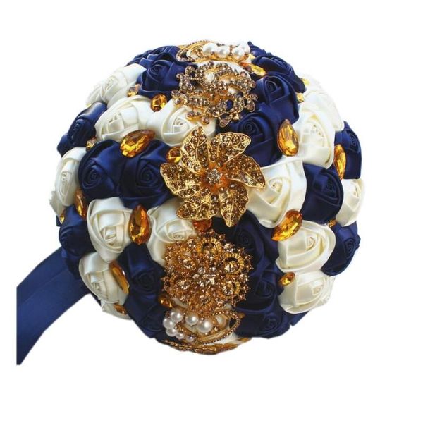 

wedding flowers 2021 fashion navy blue cream rose bouquet satin gold crystal beaded bridal bouquets country designer