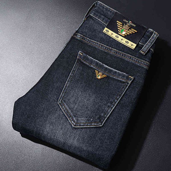 

and autumn winter men's brand jeans slim fashion elastic medium waist commodity casual, Blue
