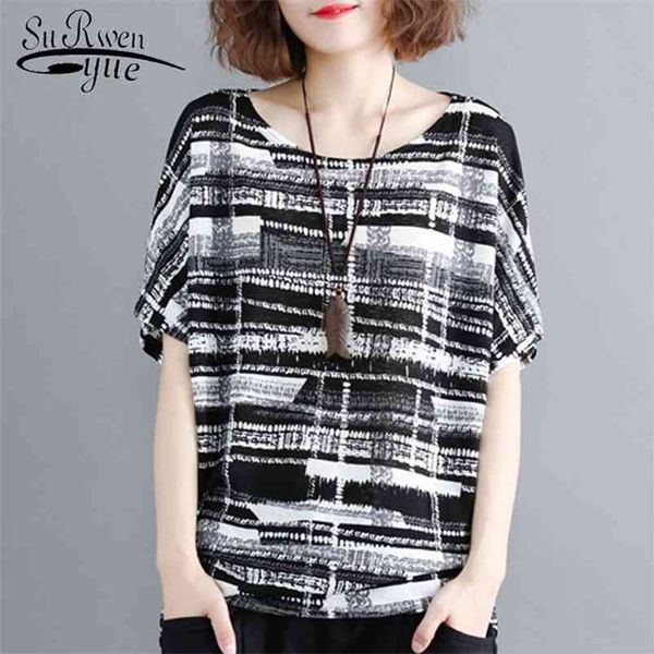 

plus size women shirts short sleeve summer print black ladies blouses striped blouse shirt 0275 210421, White