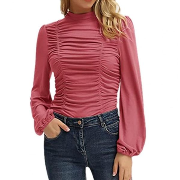 

women's blouses & shirts women blouse fashion long sleeve slim pullover solid color pleated lantern, White