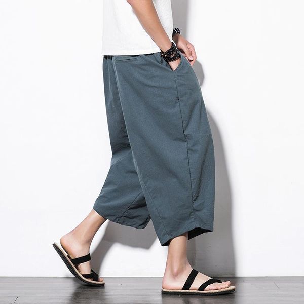 

men's pants mrgb summer cotton linen chinese style printed men harem wide leg beach casual retro fashion male loose trousers, Black