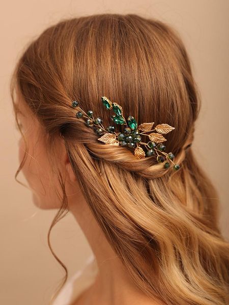 

headpieces bohemian green crystal rhinestones flower hair jewelry leaves hairpieces bridal comb clips for wedding headdress, Silver