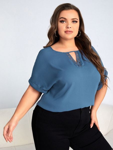 

plus guipure lace keyhole neck rolled cuff m6tl#, Black