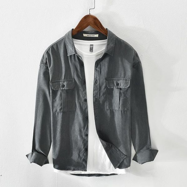 

spring cargo shirt for men fashion casual korean style handsome simple student pocket long sleeve turn-down collar men's shirts, White;black