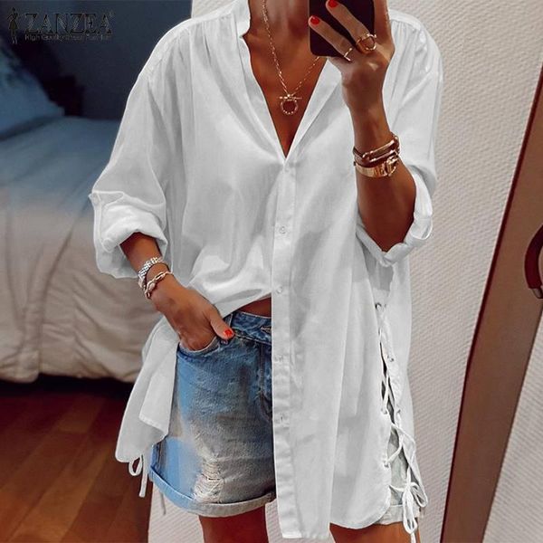 

women's blouses & shirts women stand collared solid shirt 2022 spring fashion button lace up casual long sleeve ol work female c, White