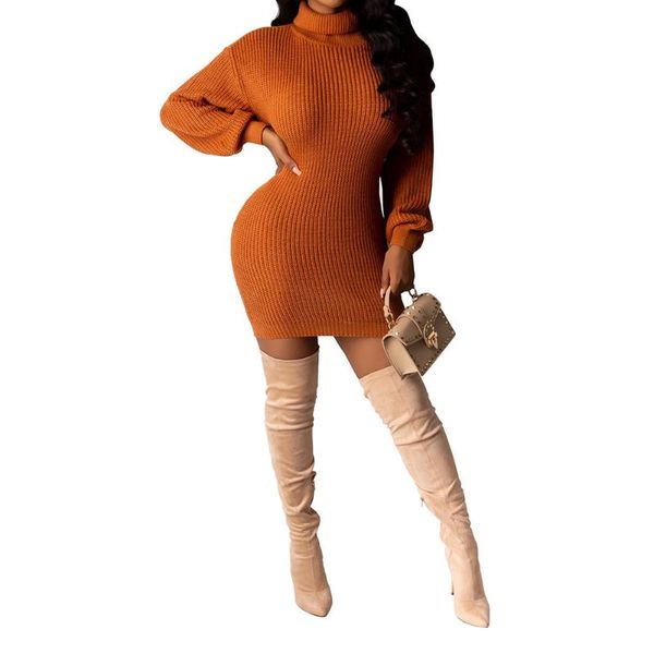 

casual dresses 2021 turtleneck warm knitted dress solid color for women winter sheath bodycon long sleeve pullover vestidos, Black;gray