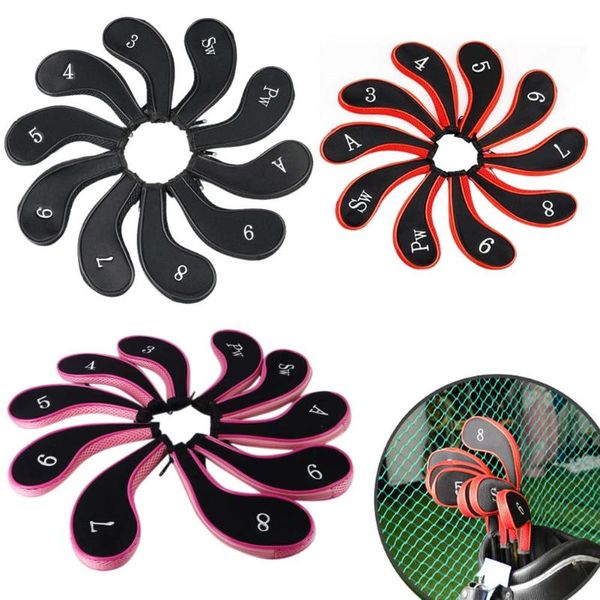

outdoor 10pcs/set zippered golf club iron putter headcovers zipper head covers protector set neoprene black/red/pink complete of clubs