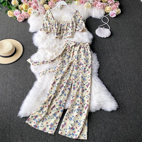 

korean vintage chiffon u neck blouse two piece sets womens high waist wide leg trousers two-piece fashion pants suit women 210420, White